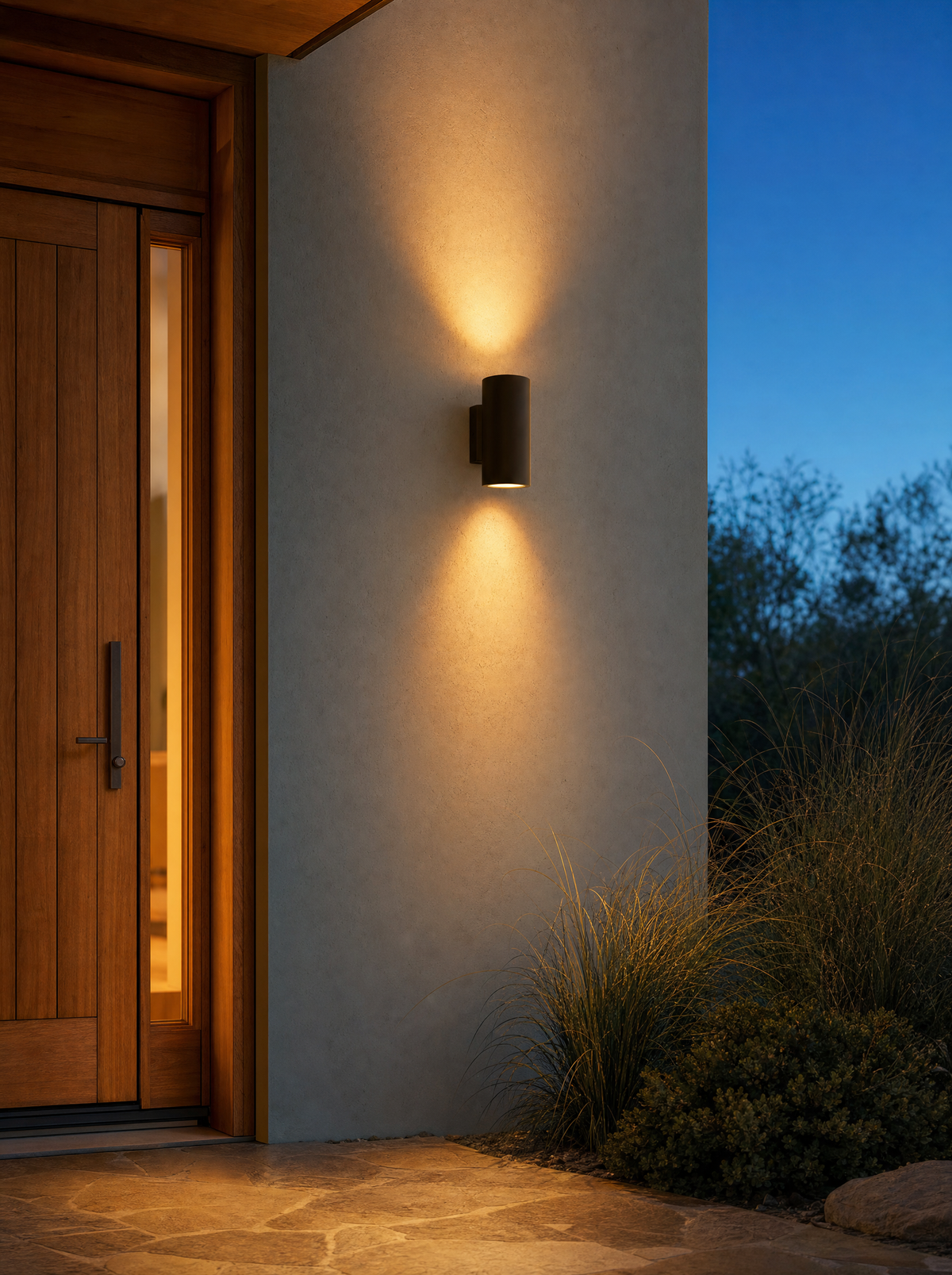 Bronze up-and-down exterior wall light beside a timber entry door at dusk