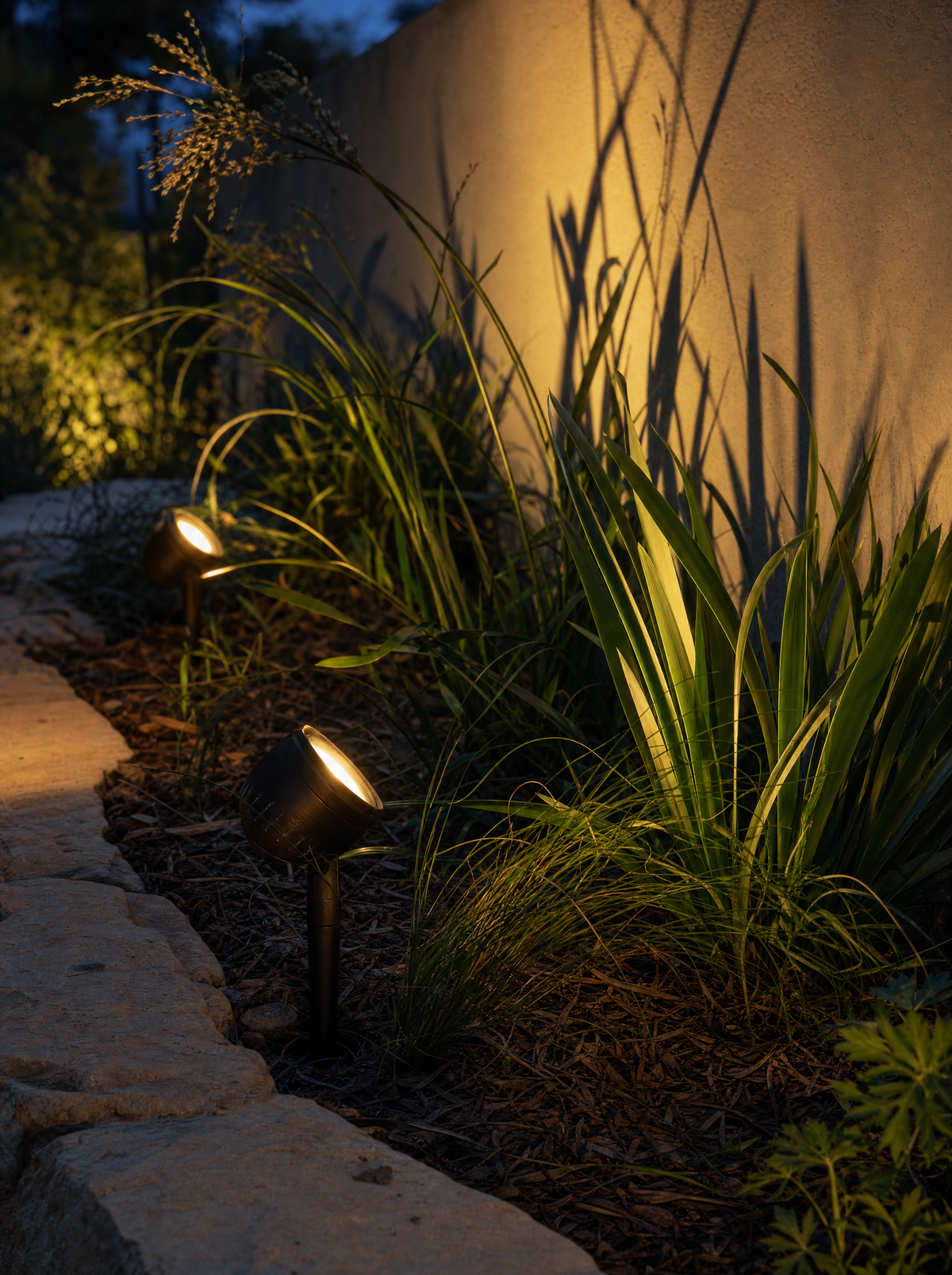 Bronze garden spike lights uplighting native grasses at dusk