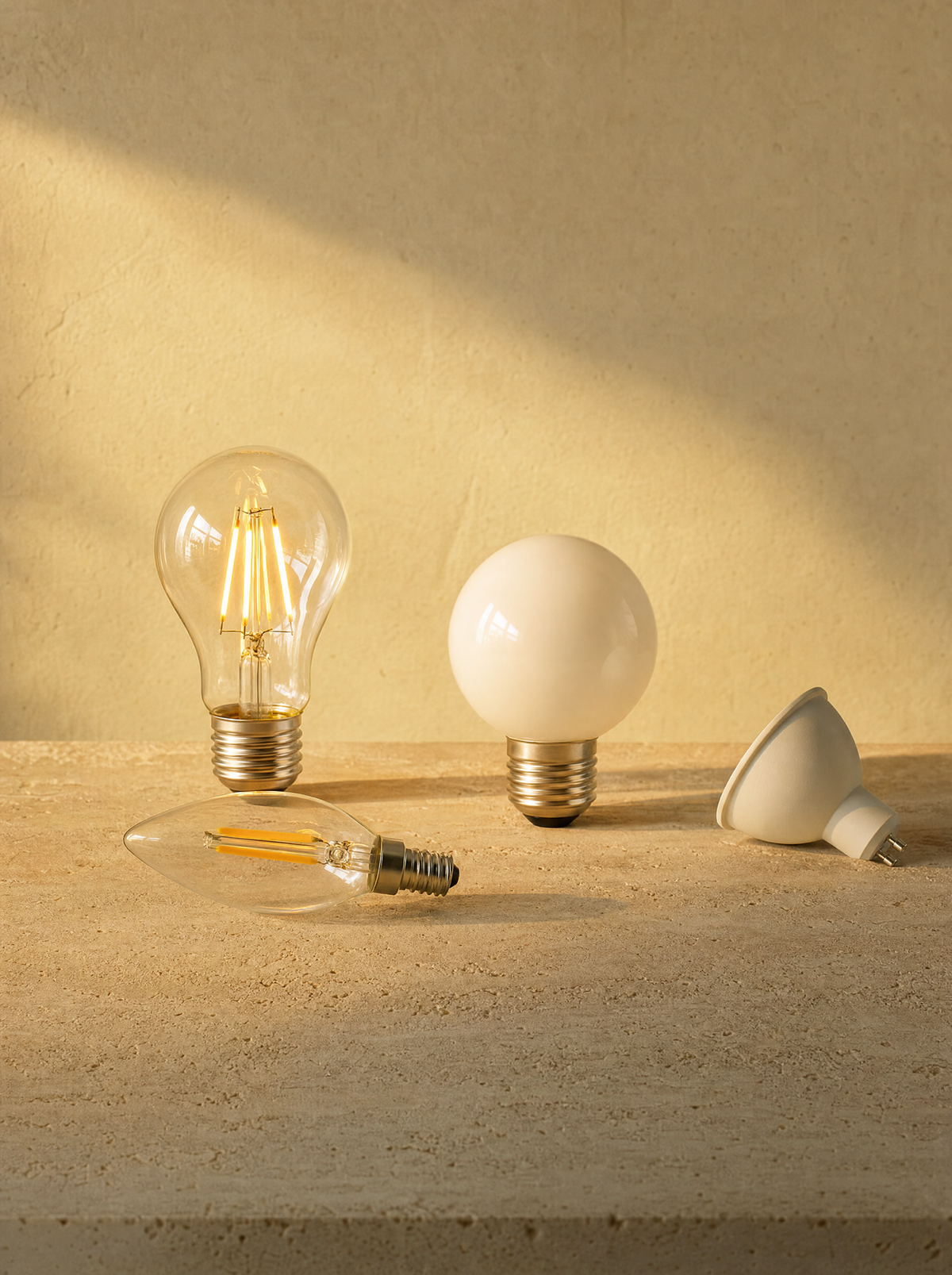 LED filament, candle, opal and spotlight globes on a warm stone surface