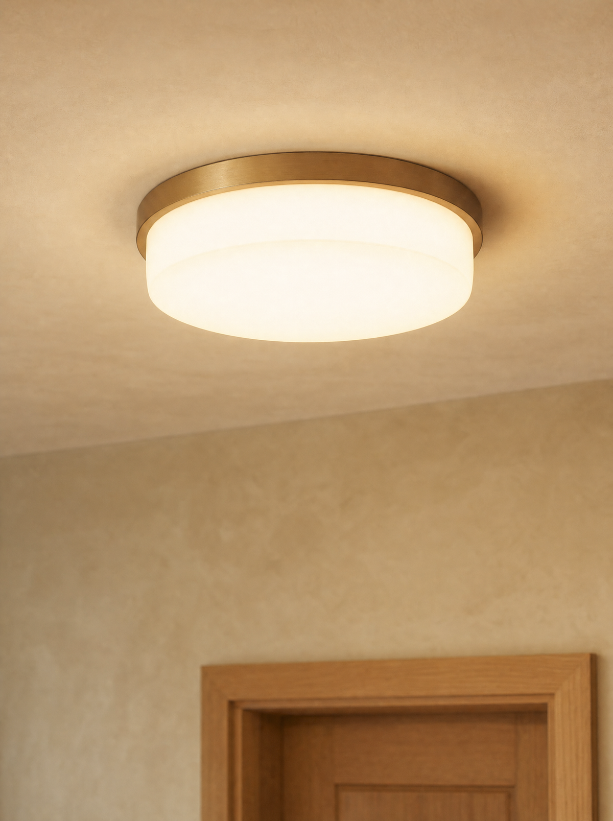 Round flush oyster ceiling light with brass trim glowing warm