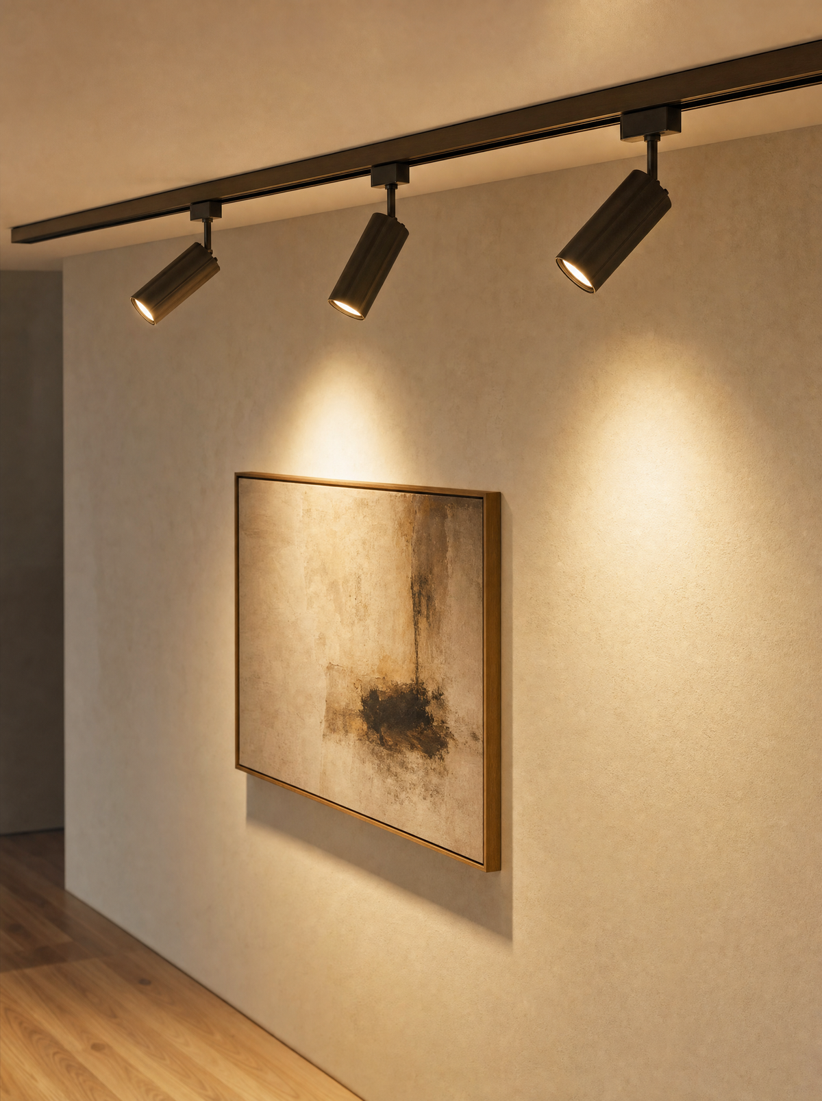 Bronze ceiling track with three aimable spotlights lighting a gallery wall