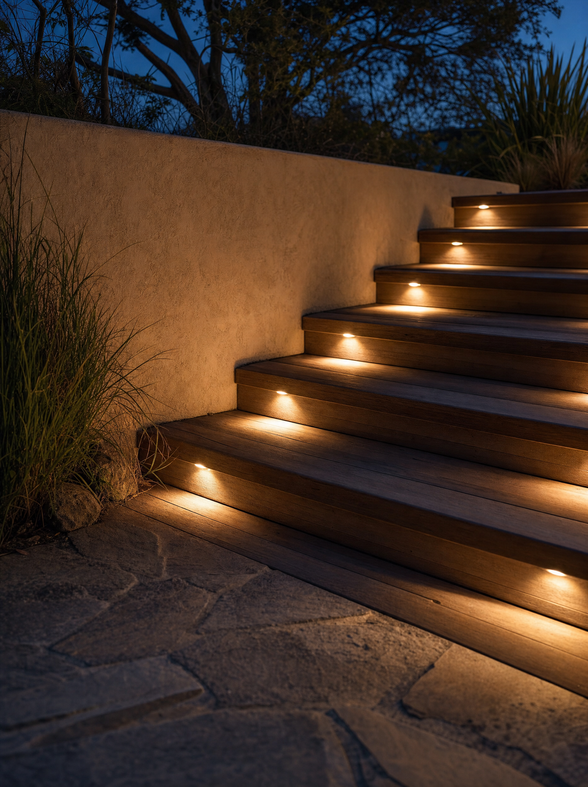 Recessed step lights washing warm pools across timber deck stairs at dusk