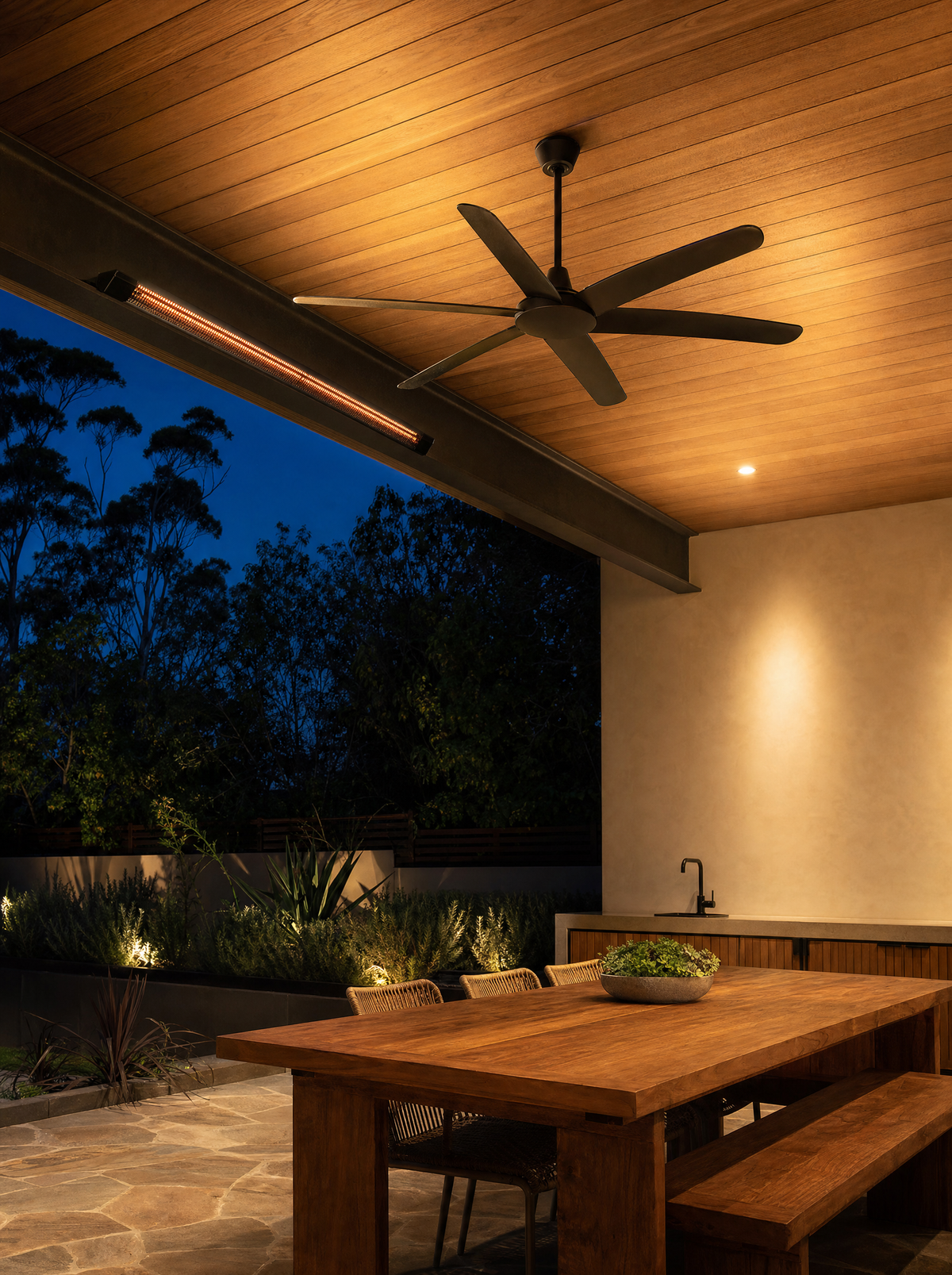 Covered alfresco area with an outdoor ceiling fan, strip heater and downlights