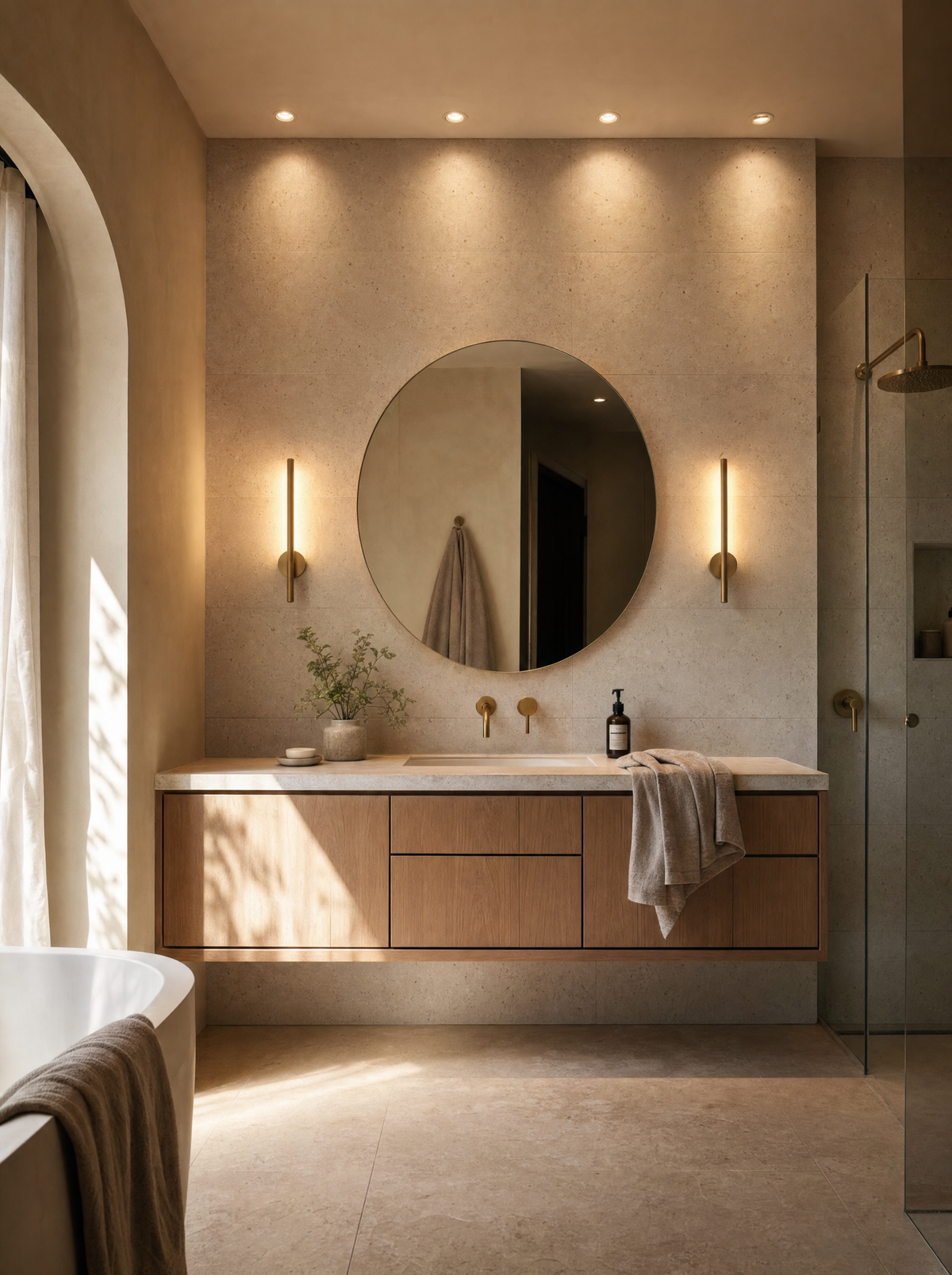 Modern Australian bathroom with brass mirror wall lights and recessed downlights
