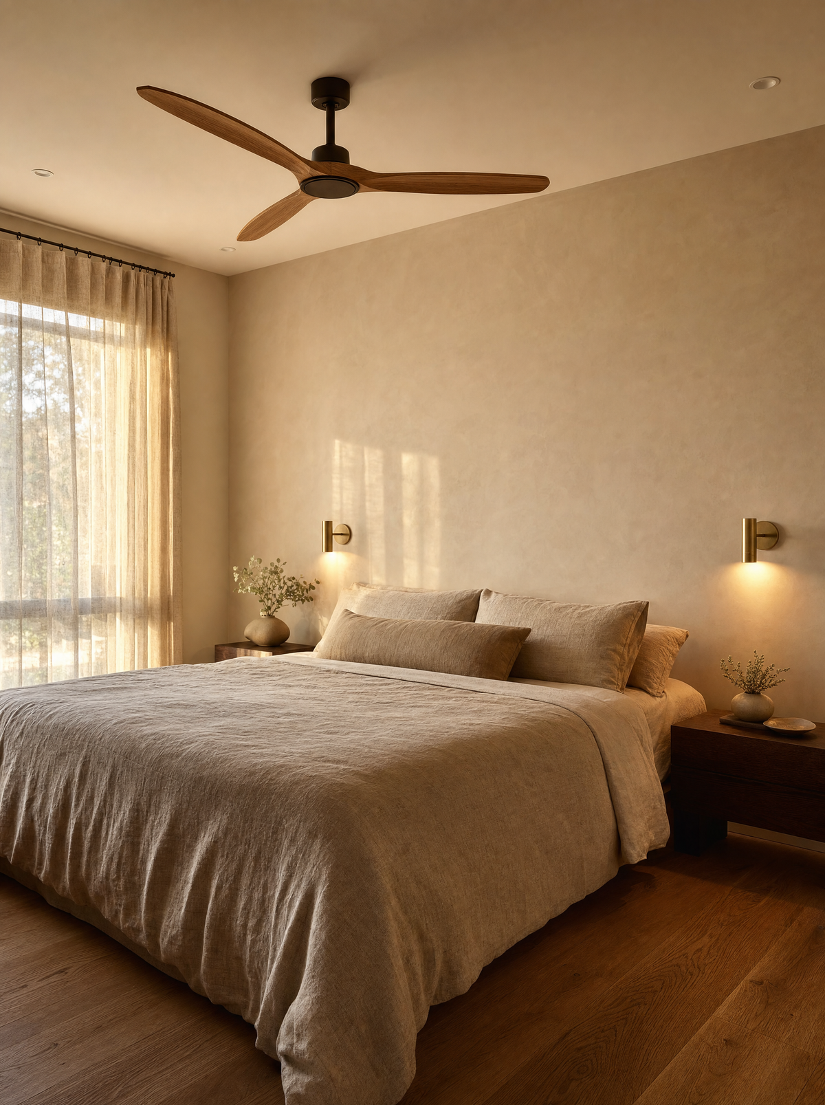 Bedroom with a timber ceiling fan and warm brass bedside wall lights