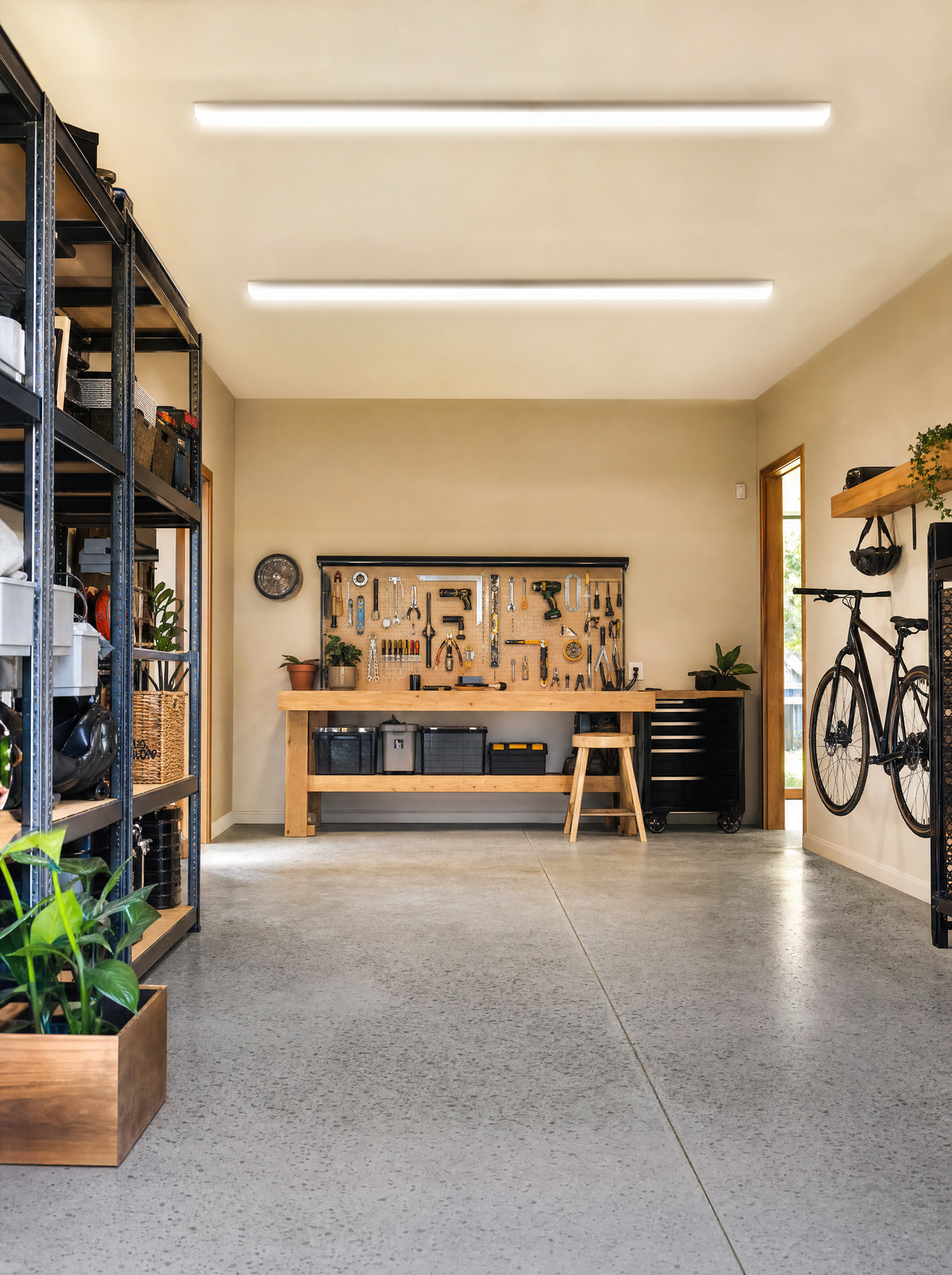 Garage workshop lit by long surface-mounted LED battens in cool white